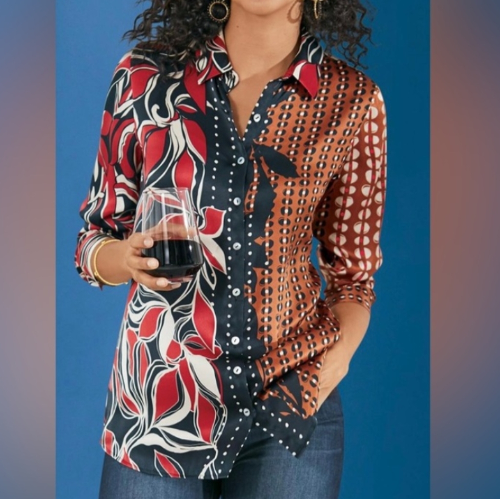 Soft Surroundings Medium Tigris 100% Silk Blouse Mixed Print Art Artsy Chic